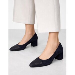 Bruno Magli Tomaia Pelle Leather Suede Block Heel Pumps Made Italy in Navy Blue